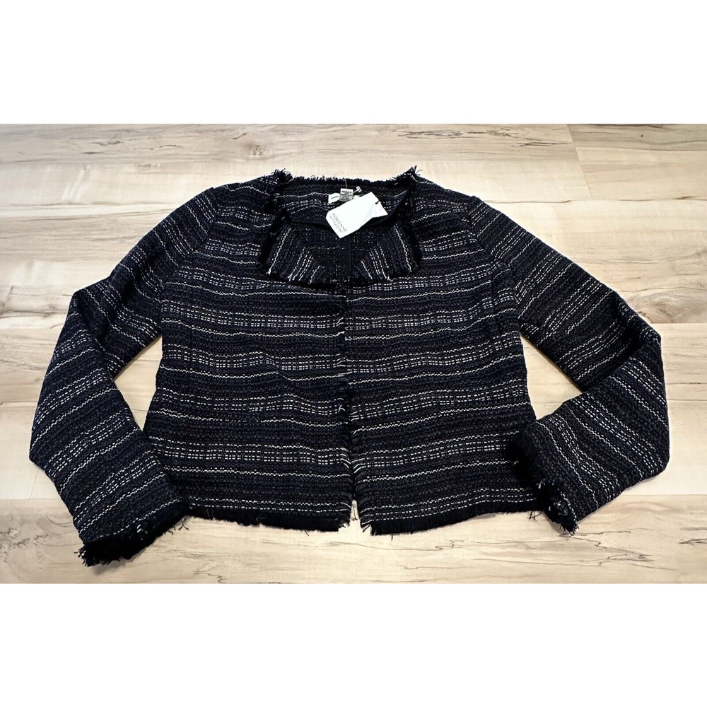Adrienne Vittadini Womens‎ Black White Stripe Fringe Tweed Cropped Jacket Size S